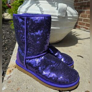 UGG Classic Sparkle Purple Sequin Pull On Boots Limited Edition Women's 8 EUC
